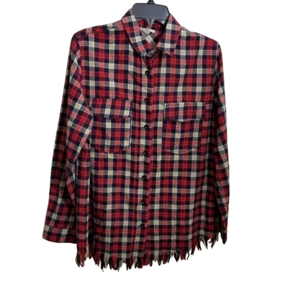 Entro Red Navy Plaid Fringe Hem‎ Flannel Button Down Shirt T5455 Womens Medium